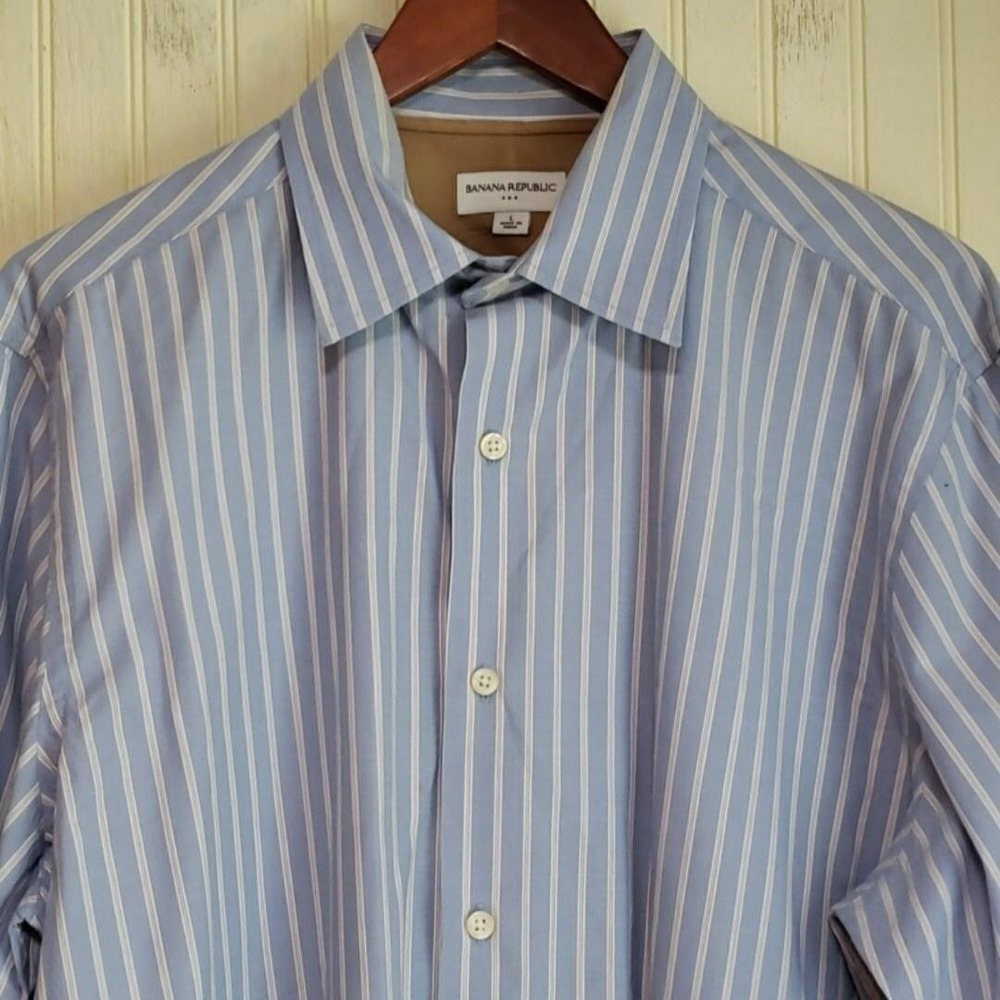 Banana Republic Dress Shirt Mens L Blue Stripe Classic Fit Cotton Long‎ Sleeve